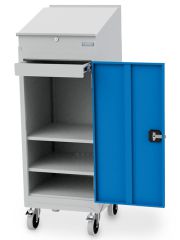 Flgeltrenschrank 105 mit Rolluntersatz  50 mm, und Pultaufsatz, Tiefe 500 mm, 2 x hhenverstellbare Fachbden, 1 x Schublade